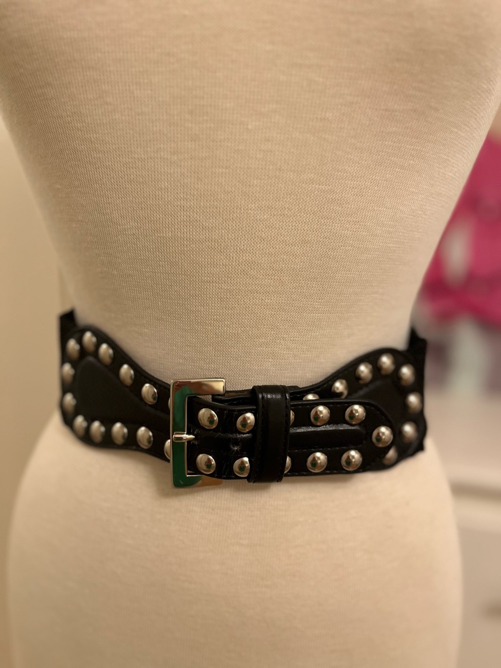 Betsey Johnson Black Studded Elastic Waist Belt with Silver Tone Buckle - S/M